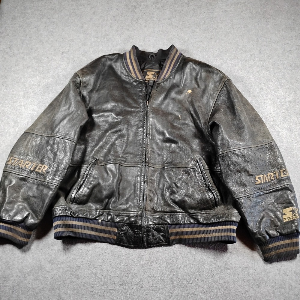 Vintage Starter Men Black Leather Bomber Varsity Jacket Large Zip 90s Distressed